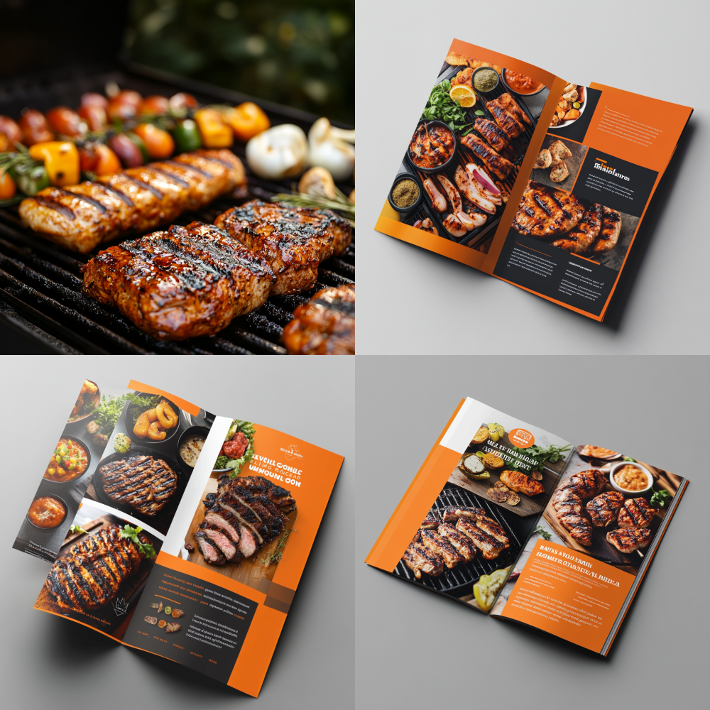Design an exquisite barbecue brochure, featuring a vibrant palette of orange and white, infused with artistic flair and enticing imagery.