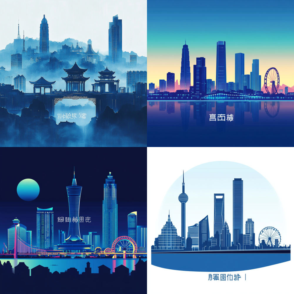 We need a silhouette of the city of Nanchang, featuring iconic buildings such as the Tengwang Pavilion, Bayi Bridge, Twin Towers, and Ferris wheel, with streamlined design and blue gradient colors. < https://oc.superx.chat/img/1749807963096.jpg >