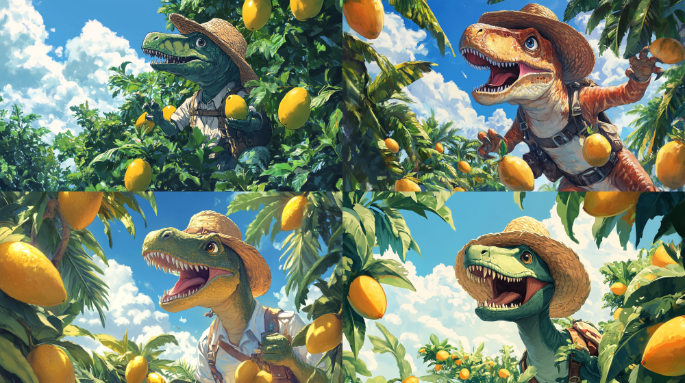 Dinosaurs are young, don't feel fierce dinosaur wearing explorer clothing and a straw hat, surrounded by mango trees and yellow mangoes on the trees. Dinosaurs have cute expressions. The background is the sky and white clouds. Hayao Miyazakis painting style, anime style, and linear illustration. --ar 16:9