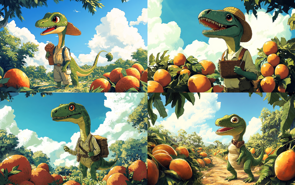 The dinosaur in the reference picture, dressed in explorer clothing and straw hats, arrived in the mango grove. There are many large yellow mangoes growing on the mango tree, surrounding the sky. Dinosaurs have cute expressions. The background is blue sky and white clouds. Hayao Miyazaki's painting style, animated cartoons, and linear illustrations. < https://oc.superx.chat/img/1749736543052.jpg > --ar 16:10