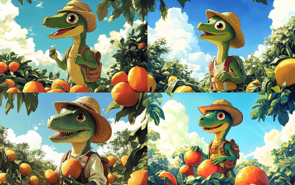A dinosaur wearing explorer clothing and a straw hat is surrounded by mango trees. There are many large yellow mangoes growing on the mango tree, surrounding the sky. Dinosaurs have cute expressions. The background is blue sky and white clouds. Hayao Miyazaki's painting style, animated cartoons, and linear illustrations. < https://oc.superx.chat/img/1749736543052.jpg > --ar 16:10