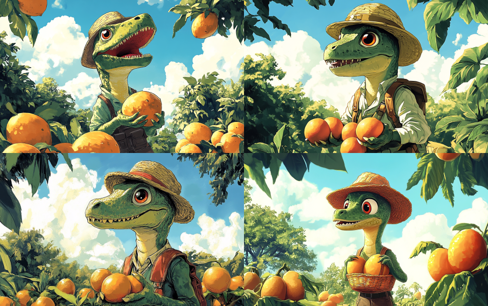 A dinosaur wearing explorer clothing and a straw hat is surrounded by mango trees. There are many large yellow mangoes growing on the mango tree, surrounding the sky. Dinosaurs have cute expressions. The background is blue sky and white clouds. Hayao Miyazaki's painting style, animated cartoons, and linear illustrations. < https://oc.superx.chat/img/1749736543052.jpg > --ar 16:10