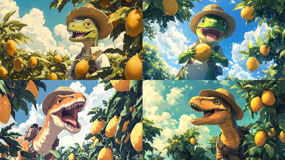 Dinosaurs are smiling A dinosaur wearing explorer clothing and a straw hat, surrounded by mango trees and yellow mangoes on the trees. Dinosaurs have cute expressions. The background is the sky and white clouds. Hayao Miyazakis painting style, anime style, and linear illustration. --ar 16:9