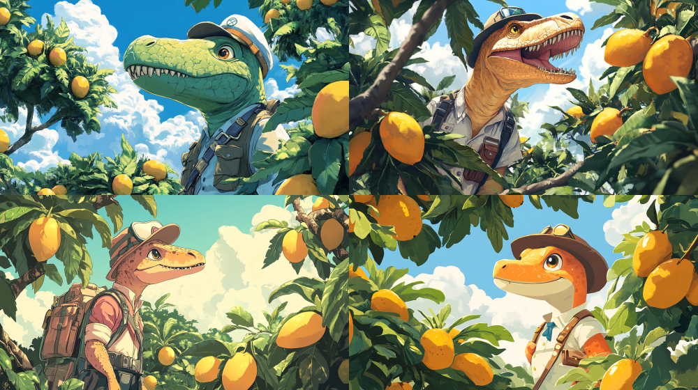 A dinosaur wearing explorer clothing and a trendy hat, surrounded by mango trees and yellow mangoes on the trees. Dinosaurs have cute expressions. The background is the sky and white clouds. Hayao Miyazaki's painting style, anime style, and linear illustration. --ar 16:9