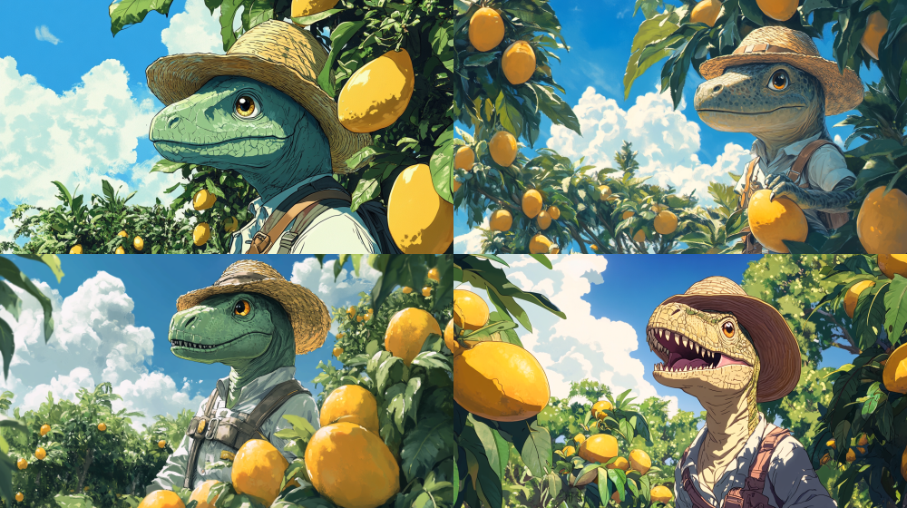 A dinosaur wearing explorer clothing and a straw hat, surrounded by mango trees and yellow mangoes on the trees. Dinosaurs have cute expressions. The background is the sky and white clouds. Hayao Miyazaki's painting style, anime style, and linear illustration. --ar 16:9