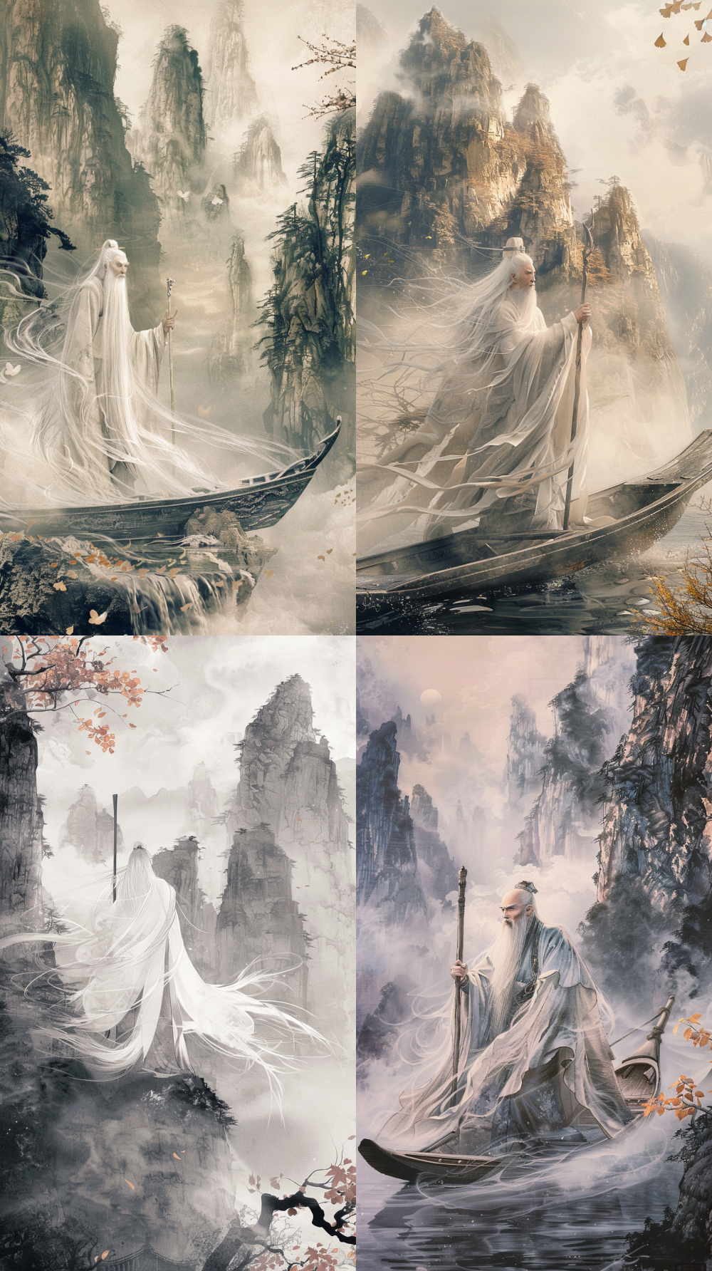 Ethereal ancient Chinese immortal poised gracefully on a solitary wooden boat, flowing white beard and billowing robe dancing in the wind, gently holding a bamboo staff. A panoramic view reveals a vast Chinese landscape adorned with misty mountain peaks, rendered in an exquisite ink-wash painting style. Soft, ethereal morning light bathes the scene, while ginkgo leaves swirl elegantly in the air. The color palette is desaturated, enriched with accents of celadon and indigo, reminiscent of the Song Dynasty landscape painting aesthetic. Ultra-detailed brushstrokes evoke a profound sense of solitude and tranquility. --ar 9:16 --style raw --v 6.0