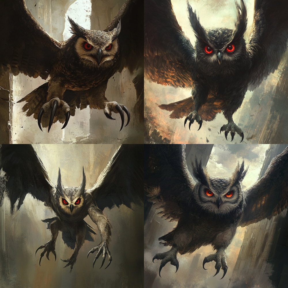 A person with the head of an owl, pointed ears, huge red eyes, a body size of between feet, wings, and black pincer like claws that can be seen when flying into the air, 57