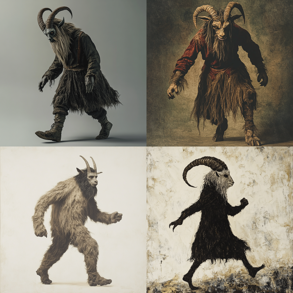 A person with a human face and a goat's hindquarters, with horns on their head and long hair covering their body, standing up to feet tall, walking upright and agile, 7