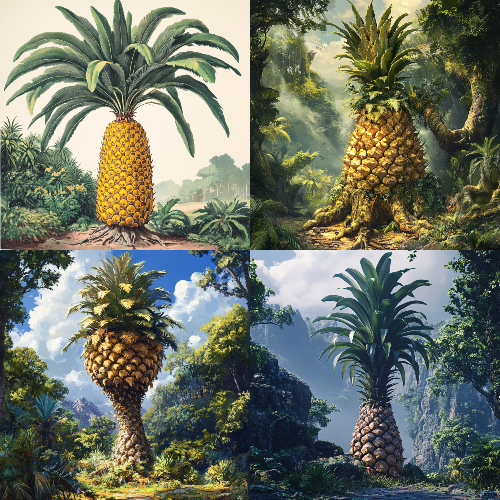A tall tree that is feet tall, like a huge pineapple, with huge leaves that are feet long and extend all the way to the ground, 8812