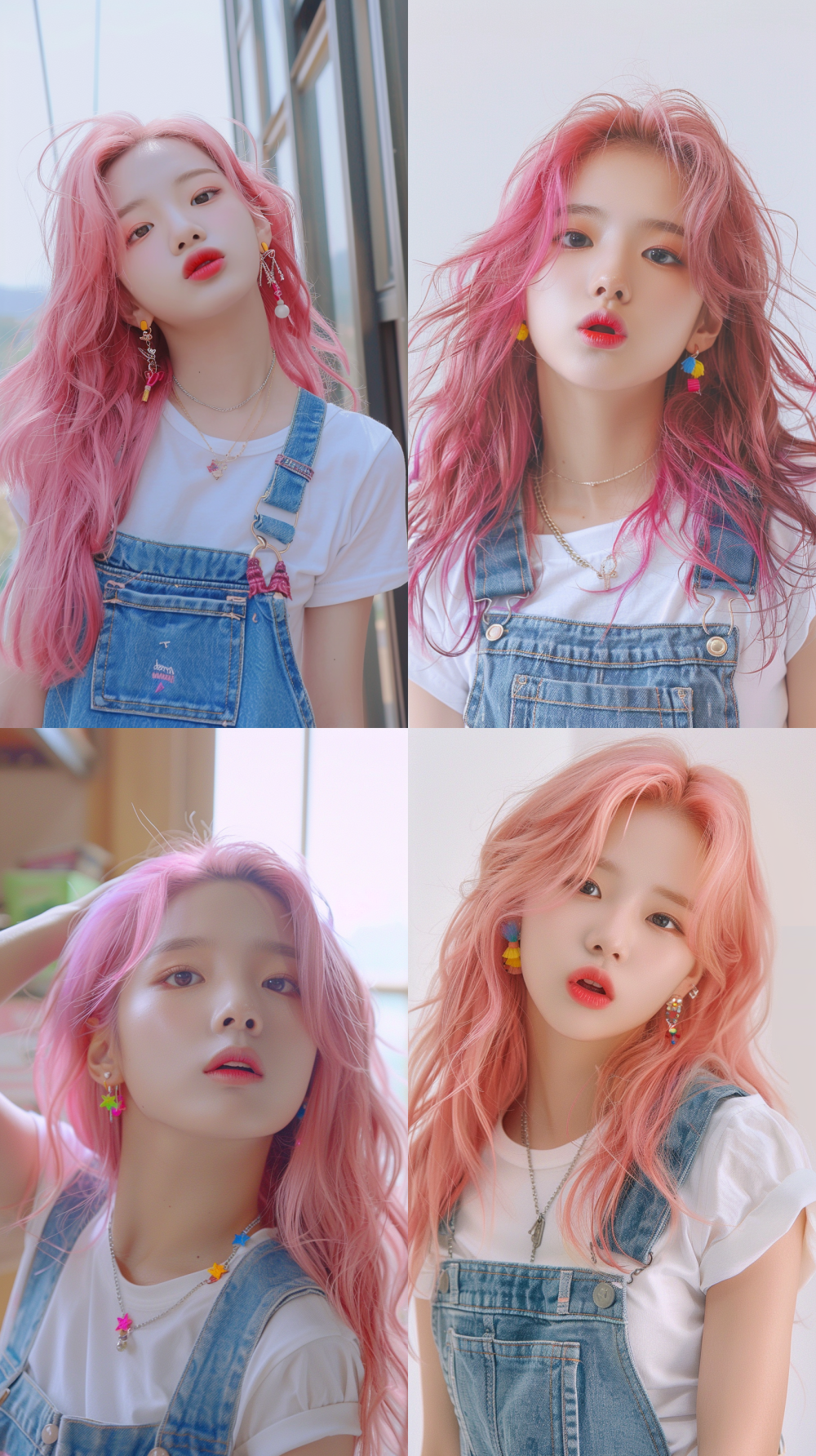 a cute Korean teenage girl resembling Jang Wonyoung and Black Pink Jenny, with mid-length pink hair, wearing a cheerful White cotton t-shirt and thin-strapped denim overalls, accessorized with short and small colorful stud earrings and a tiny, simple necklace set, tilting her head slightly and playfully puckering her lips like asking for a kiss, looking directly at the camera, bright natural lighting, soft background, fresh and lovely mood, fun and youthful vibe, ultra-realistic skin and fine details, lifestyle fashion photography style --v 6 --ar 9:16 --style raw