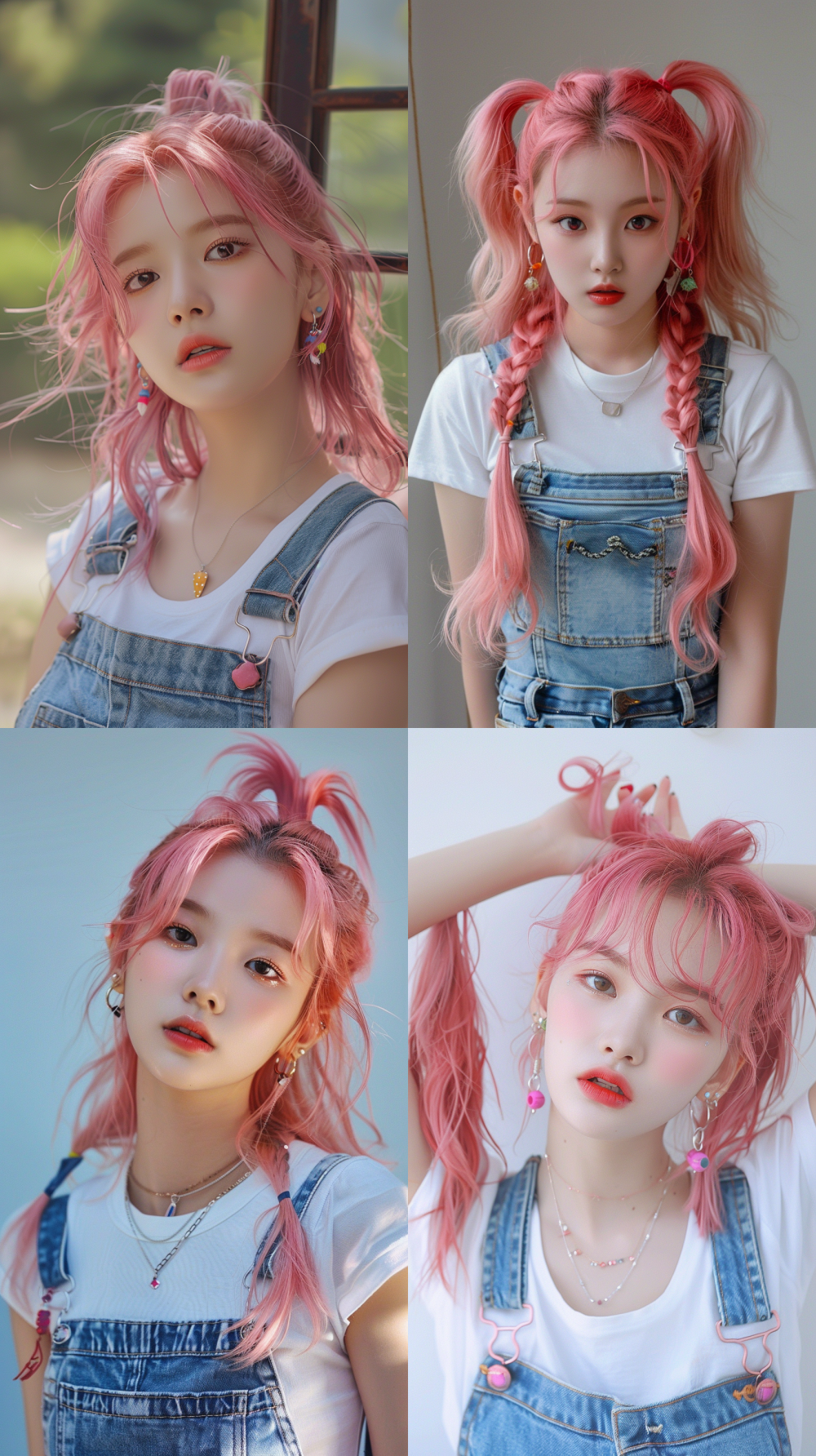 A cute Korean teenage girl who looks like Ive Jang Won-young and Black Pink Jenny, wearing pink hair tied to both sides, a cheerful white cotton T-shirt and thin strap denim overall. Decorated with short and small colorful stud earrings and a small, simple necklace set, a face that you want to kiss by tilting your head slightly and sticking out your lips, bright natural lighting looking directly at the camera, soft background, fresh and lovely atmosphere, fun and youthful feeling, surreal skin and detail, lifestyle fashion photo style --v 6 --ar 9:16 --style raw