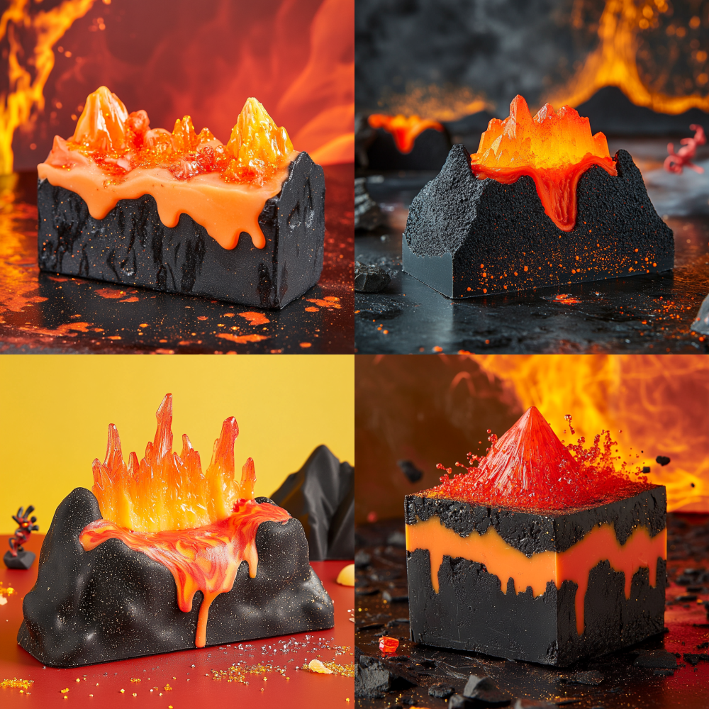 Design a children's soap blind box with a volcanic eruption theme for kids aged 7-12. The soap has a black volcanic rock exterior with a red-to-orange molten lava interior, infused with subtle glitter for a magma effect, containing mini toys like volcano models, fire creatures, or rare volcanic crystals. Create packaging with a dramatic eruption scene and include volcano fact cards for educational fun, emphasizing a fiery, adventurous aesthetic