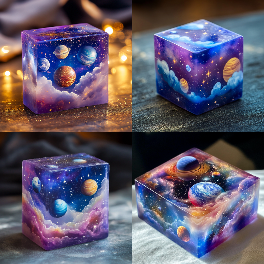 A handmade soap is made of semi transparent material and has a square with starry sky cloud patterns on the outside. Inside, it contains nine major planets, with purple and blue as the main colors