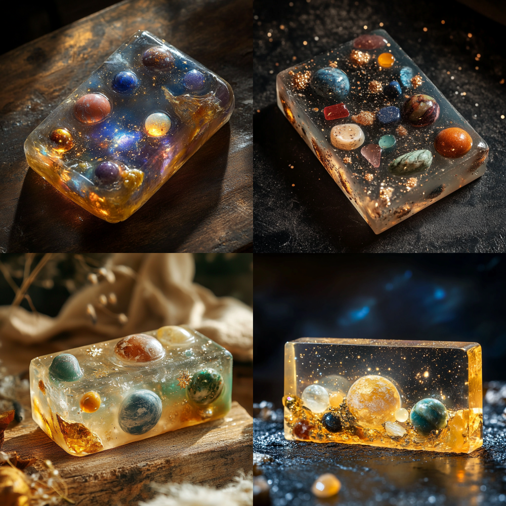 A handmade soap made of transparent material, filled with stones from the nine major planets, creating a sense of vastness and mystery in the universe and starry sky