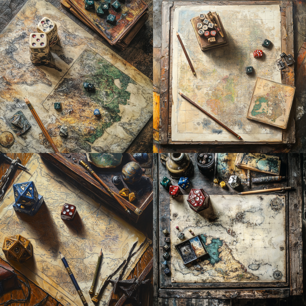 Top view angle, tabletop with dice, dice tower, character card, pencil, and map, with oil painting texture