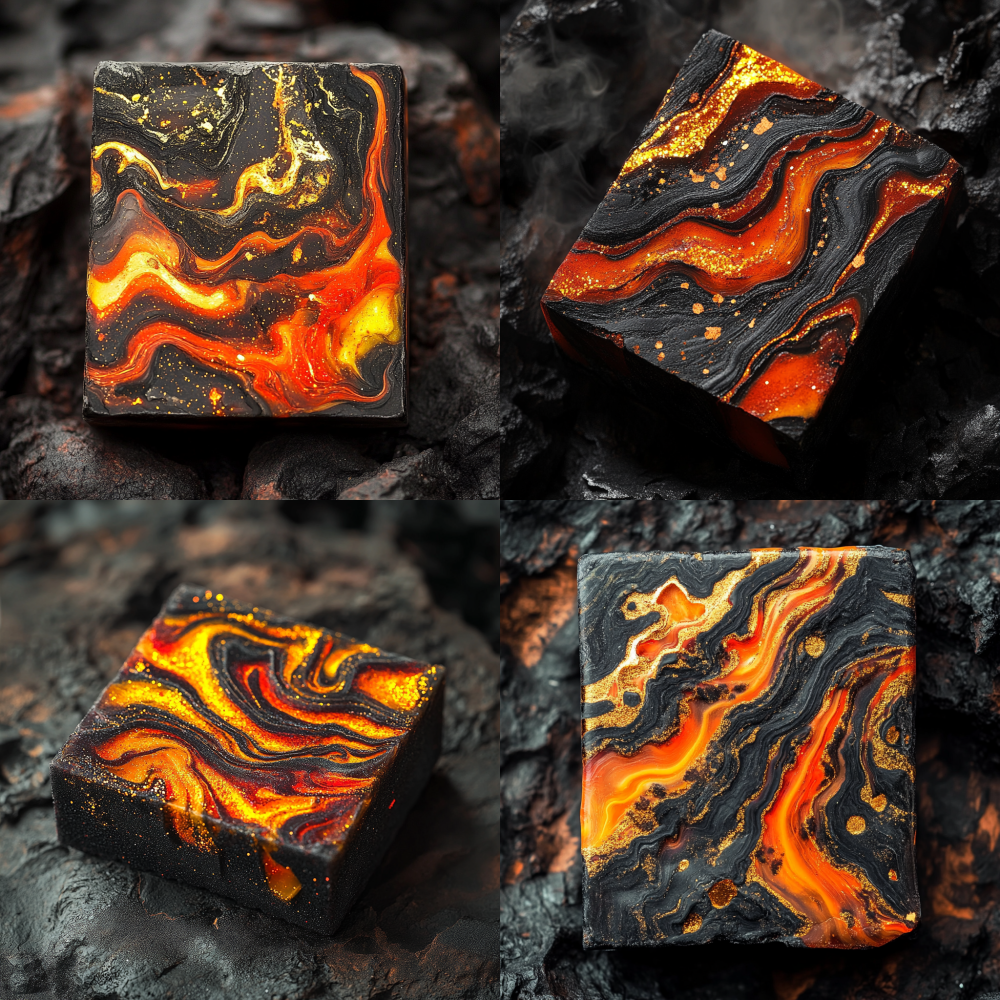 A vibrant volcanic lava-inspired soap bar, square-shaped with irregular carved edges, featuring flowing molten lava textures on the surface. The soap has a deep charcoal black base with vivid orange, red, and golden yellow swirls, embedded with translucent red and gold glitter layers to mimic glowing lava. The texture is a mix of rough volcanic rock and glossy liquid lava, highly detailed, colorful, placed on a dark rocky background with subtle smoke effects, cinematic lighting, hyper-realistic, 8K resolution.
