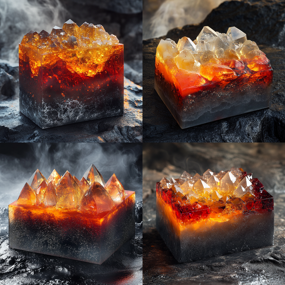A square volcanic soap bar with a glossy deep gray-to-black gradient base, embedded with translucent red and amber crystal-like structures on top, resembling cooled lava crystals with trapped air bubbles. The surface has subtle white speckles like volcanic ash and fine cracks. The crystals glow with golden and silver edges, highly detailed, vibrant, set against a volcanic rock background with soft mist, dramatic lighting, hyper-realistic, 8K resolution.