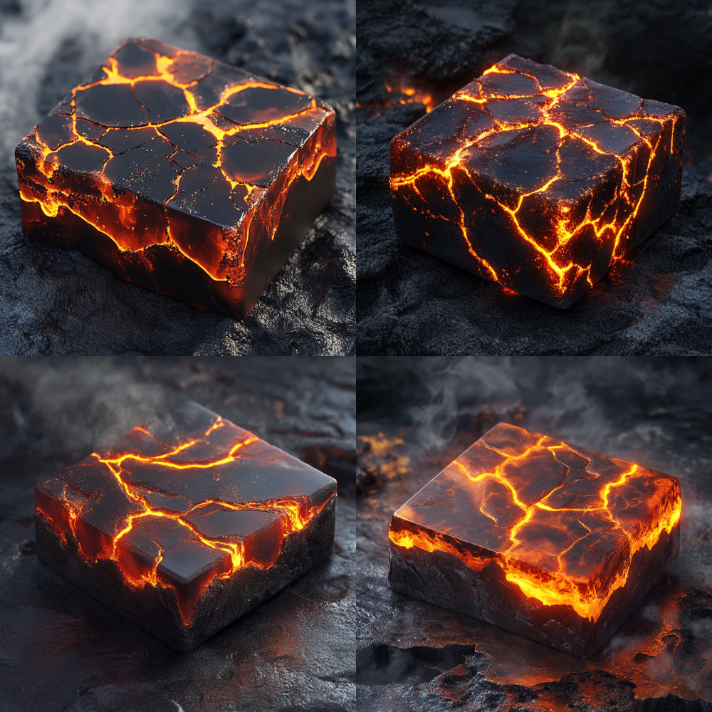 A square volcanic soap bar with a matte black and dark brown base, featuring deep glowing cracks filled with glossy bright orange and red translucent lava-like material, accented with subtle gold glitter. The surface has rugged rock textures around the cracks, highly detailed, vibrant, placed on a volcanic terrain with faint steam, moody cinematic lighting, hyper-realistic, 8K resolution.