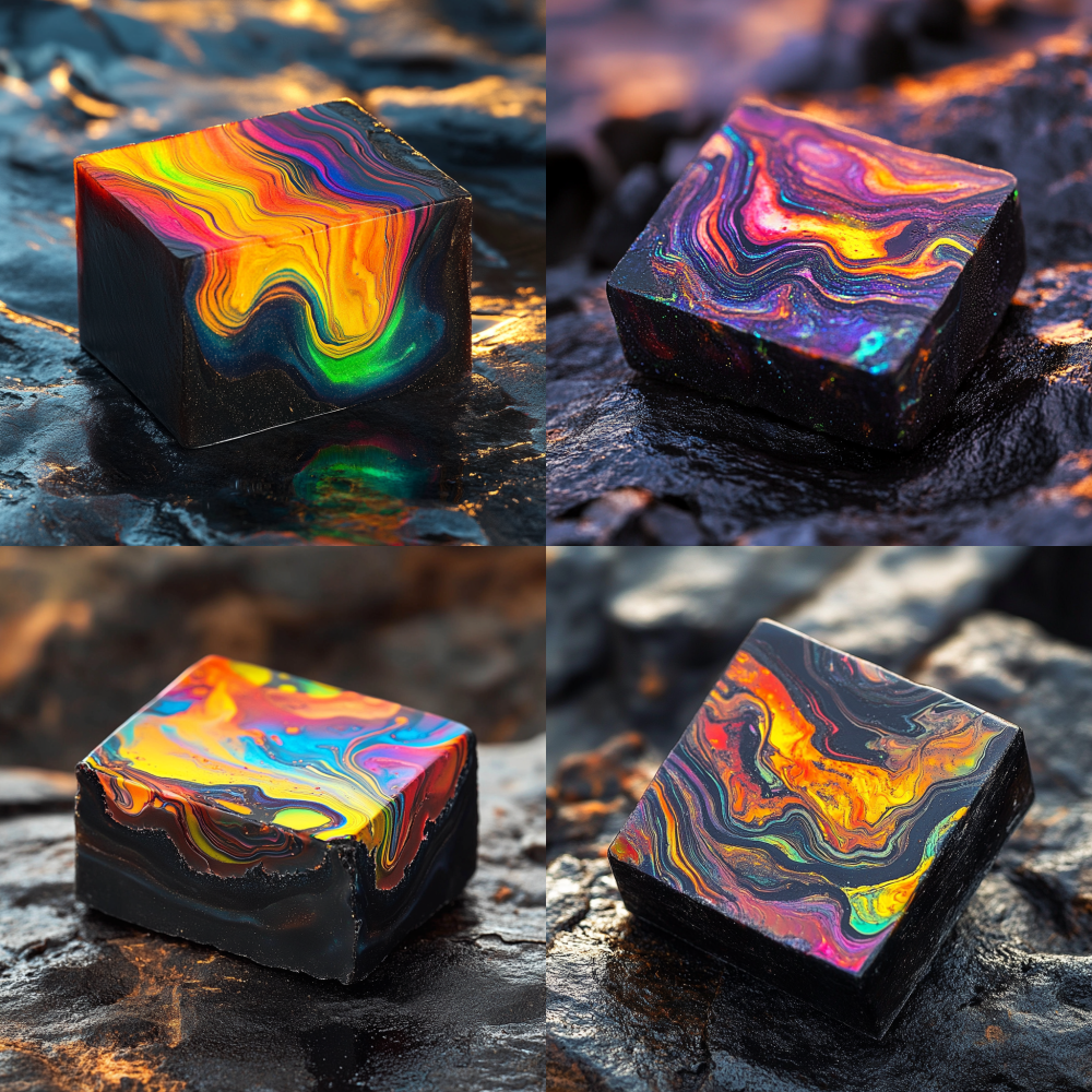 A square volcanic soap bar with a deep black glossy base, featuring wavy lava flow patterns on the surface, coated with iridescent rainbow gradients of red, orange, yellow, green, and blue, resembling obsidian’s natural sheen. The interior has colorful swirls, highly detailed, vibrant, set on a reflective volcanic rock surface with soft glowing light, ethereal atmosphere, hyper-realistic, 8K resolution.