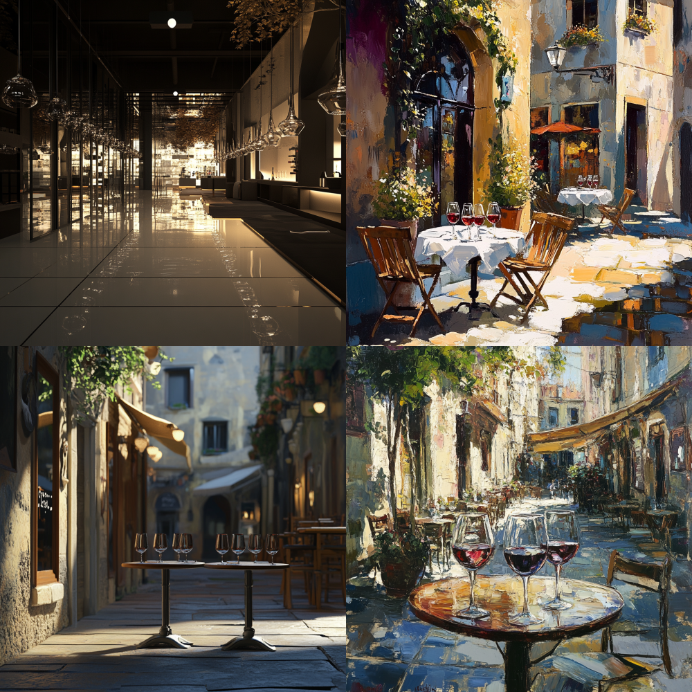 A commercial square with wine glasses as elements, .
