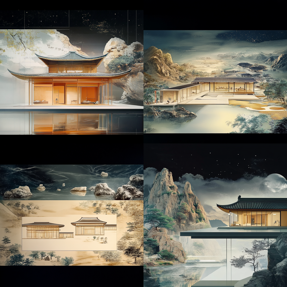 A poster about the inheritance of architecture, from ancient buildings, from stilted buildings, Suzhou gardens, the Earthen Building in Fujian Province, Taihe Hall, to modern large flat buildings. The evolution process is presented using scrolls, with ancient architecture in the form of lines at the back and modern architecture in the form of real-life scenes at the front. Chinese ink wash style < https://oc.superx.chat/img/1749895674749.jpg >
