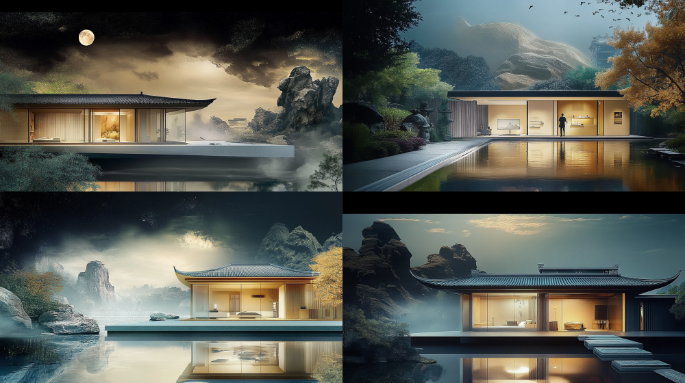 A poster about the inheritance of architecture, from ancient buildings, from stilted buildings, Suzhou gardens, the Earthen Building in Fujian Province, Taihe Hall, to modern large flat buildings. The evolution process is presented using scrolls, with ancient architecture in the form of lines at the back and modern architecture in the form of real-life scenes at the front. Chinese ink wash style < https://oc.superx.chat/img/1749895674749.jpg > --iw 1.5 --ar 16:9