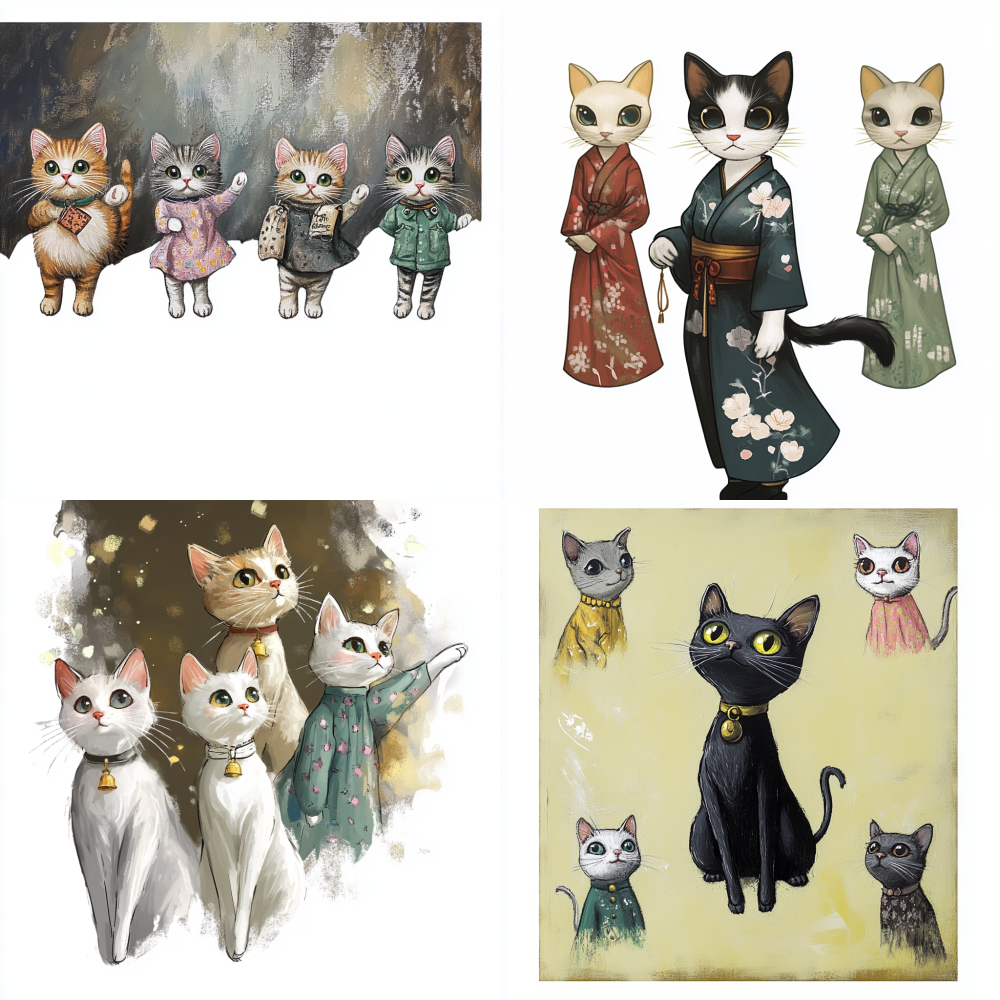 Create several cats with the same painting style as the reference image < https://oc.superx.chat/img/1749896896402.jpg >