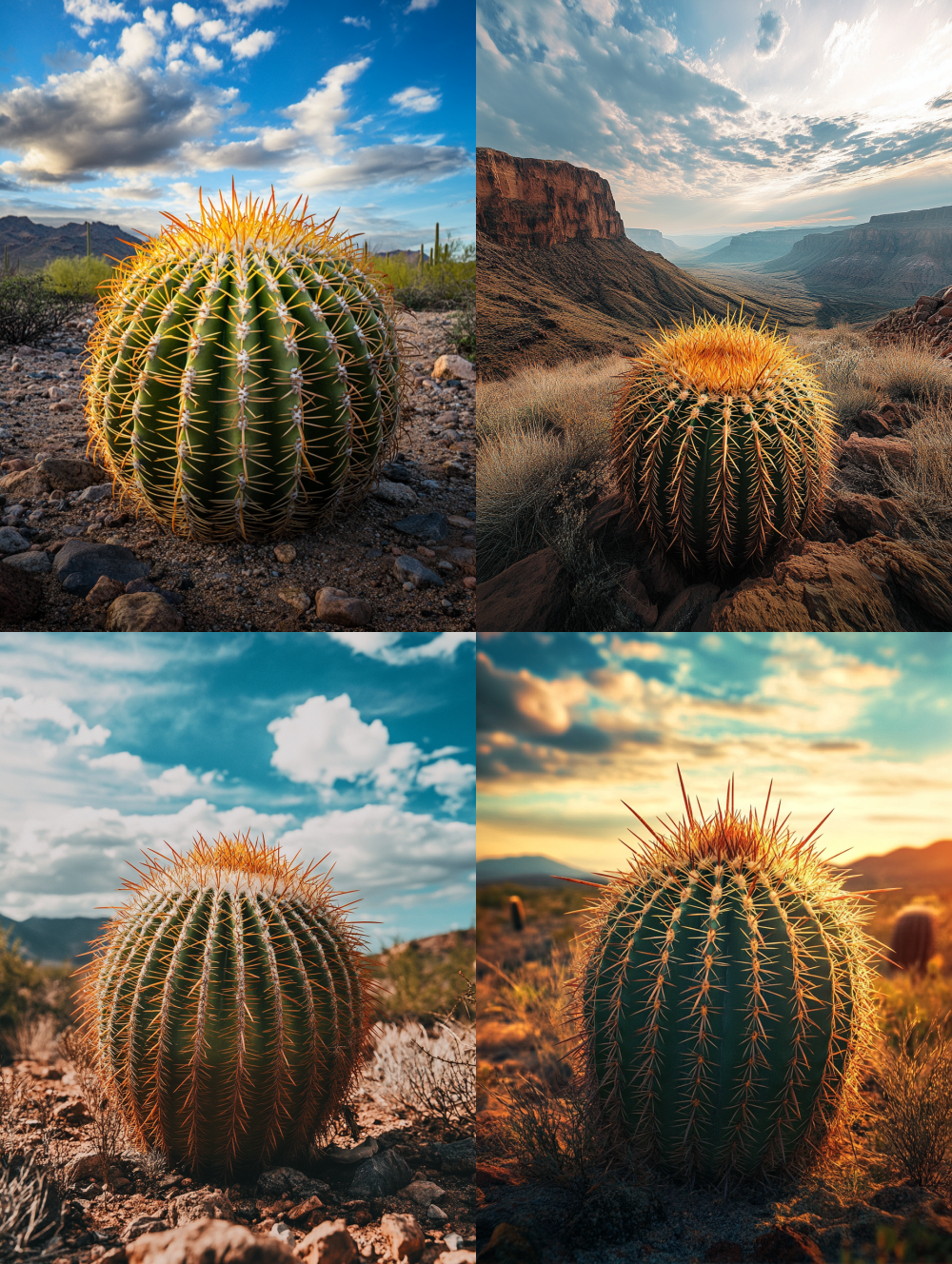 National Geographic style photography featuring a majestic Golden Barrel Cactus in a breathtaking outdoor setting, enhanced with cinematic color grading --ar 3:4