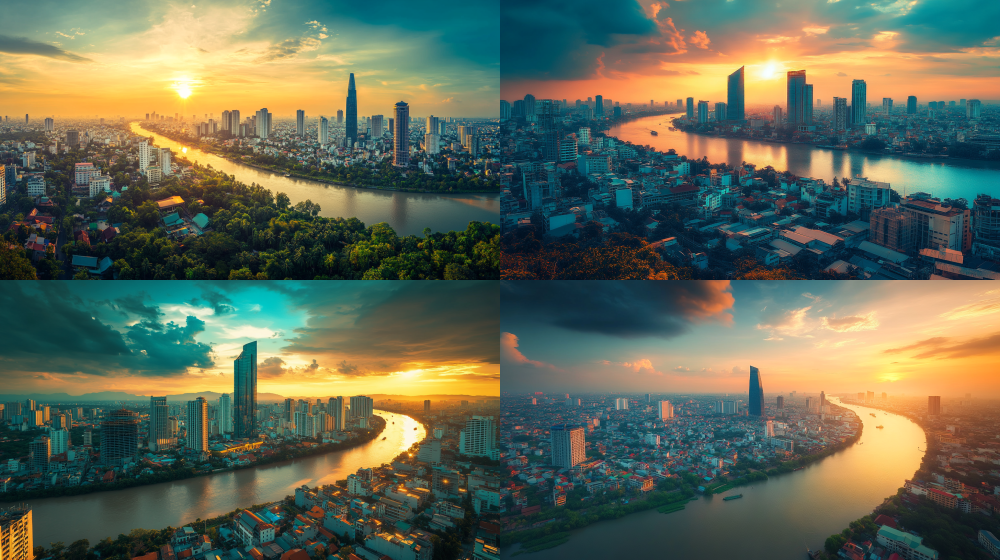 Southeast Asian architectural skyline, surrounded by lush tropical rainforest, meandering Mekong River, dominated by vibrant teal and orange hues, high saturation, 4K ultra-clear resolution, a breathtaking panorama of diverse international architecture, ethereal style, enamel-like texture, wide-angle perspective, golden hour lighting, tranquil atmosphere, rich tropical foliage, reflective effects, geometric lines, warm tones, luxurious ambiance --ar 16:9