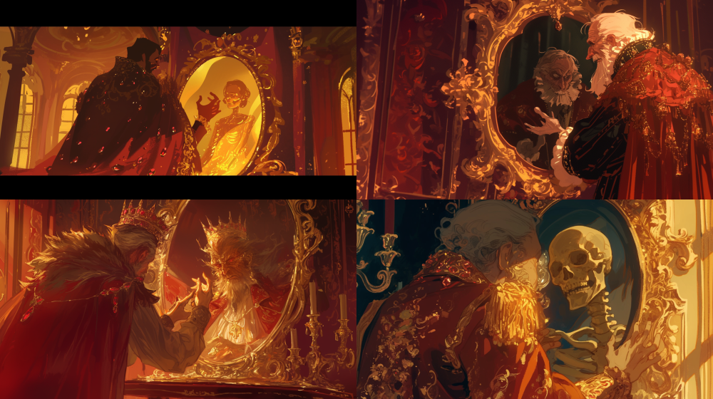 A captivating animated film still featuring a Gothic king in his 50s, meticulously adjusting his jewel-encrusted crimson robe before an ornate mirror, set against a lavish Baroque palace backdrop. The rubies exhibit exquisite subsurface scattering, enhancing their allure. The composition is split: the left side bathed in dazzling gold light, while the right side descends into decaying shadows. His reflection reveals a hollow abdomen with a swirling dark vortex, a skeletal hand ominously reaching from the mirror. The scene is illuminated by moody Rembrandt lighting, with visible brushstrokes that evoke emotion, blending the styles of Tim Burton and Caravaggio. The color palette is rich in deep maroon and gold, creating a dramatic chiaroscuro effect. --ar 16:9 --niji 6