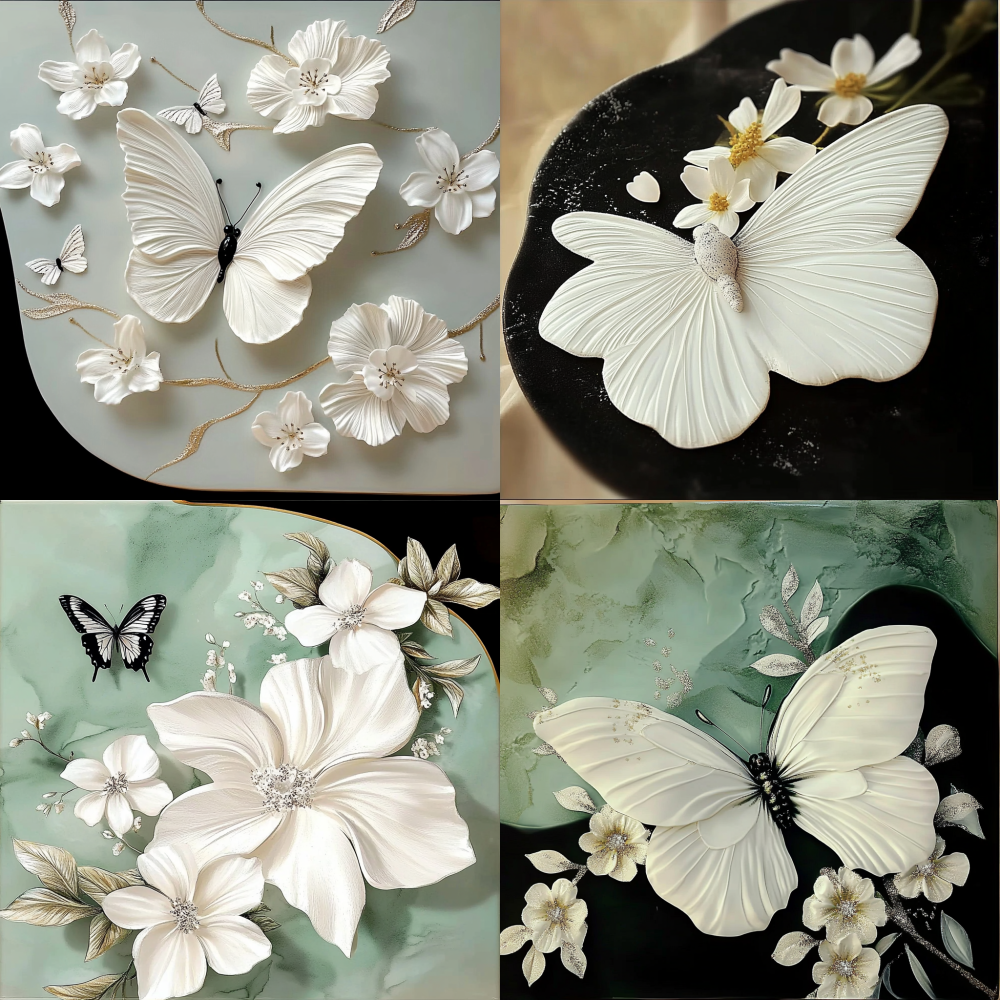 White large flowers and white butterflies, textured milk coffee background with irregular shapes, creamy butterflies, matched with green contours, texture, butterfly details, butterfly wings, delicate and clean texture, clean, high-definition picture quality < https://oc.superx.chat/img/1750085590374.png > 5D5D