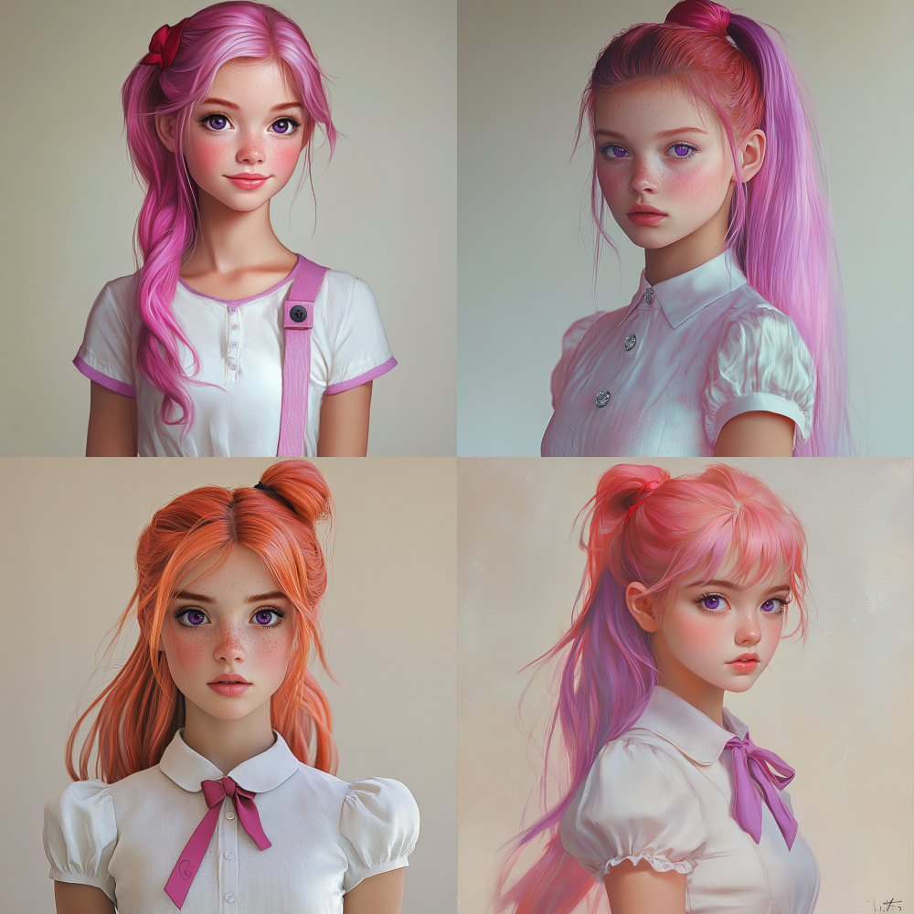 A high - resolution, photorealistic portrait of a young girl. She has long, flowing pastel - pink hair tied into a high ponytail with a bright red hair tie. The hair has a soft, silky texture and natural - looking highlights. Her eyes are large and expressive, with vivid purple irises and realistic eyelashes. She has fair skin with a gentle blush on her cheeks.She is wearing a white short - sleeved blouse with a row of small buttons down the front, and a short, flared white skirt. The fabric of her clothes has a smooth, slightly glossy texture. She sports long, white socks with a purple stripe near the top, and a pair of black and white athletic shoes with a modern design. The lighting is soft and diffused, enhancing the lifelike details of her skin, hair, and clothing, creating a warm and charming atmosphere.