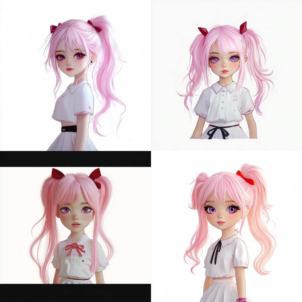 < https://oc.superx.chat/img/1750086211275.jpg > A high - resolution, photorealistic portrait of a young girl. She has long, flowing pastel - pink hair tied into a high ponytail with a bright red hair tie. The hair has a soft, silky texture and natural - looking highlights. Her eyes are large and expressive, with vivid purple irises and realistic eyelashes. She has fair skin with a gentle blush on her cheeks.She is wearing a white short - sleeved blouse with a row of small buttons down the front, and a short, flared white skirt. The fabric of her clothes has a smooth, slightly glossy texture. She sports long, white socks with a purple stripe near the top, and a pair of black and white athletic shoes with a modern design. The lighting is soft and diffused, enhancing the lifelike details of her skin, hair, and clothing, creating a warm and charming atmosphere.