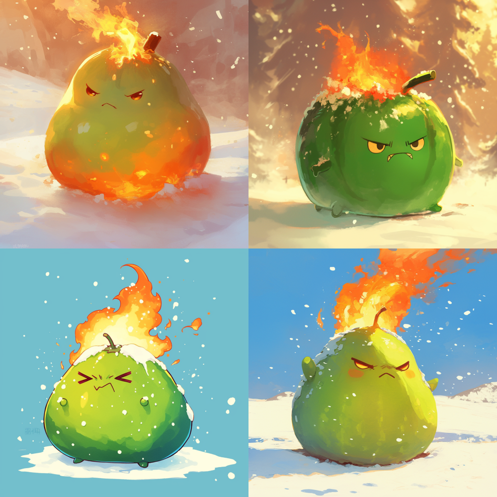 An cute angry and burning wax gourd, the background is snowfield --niji