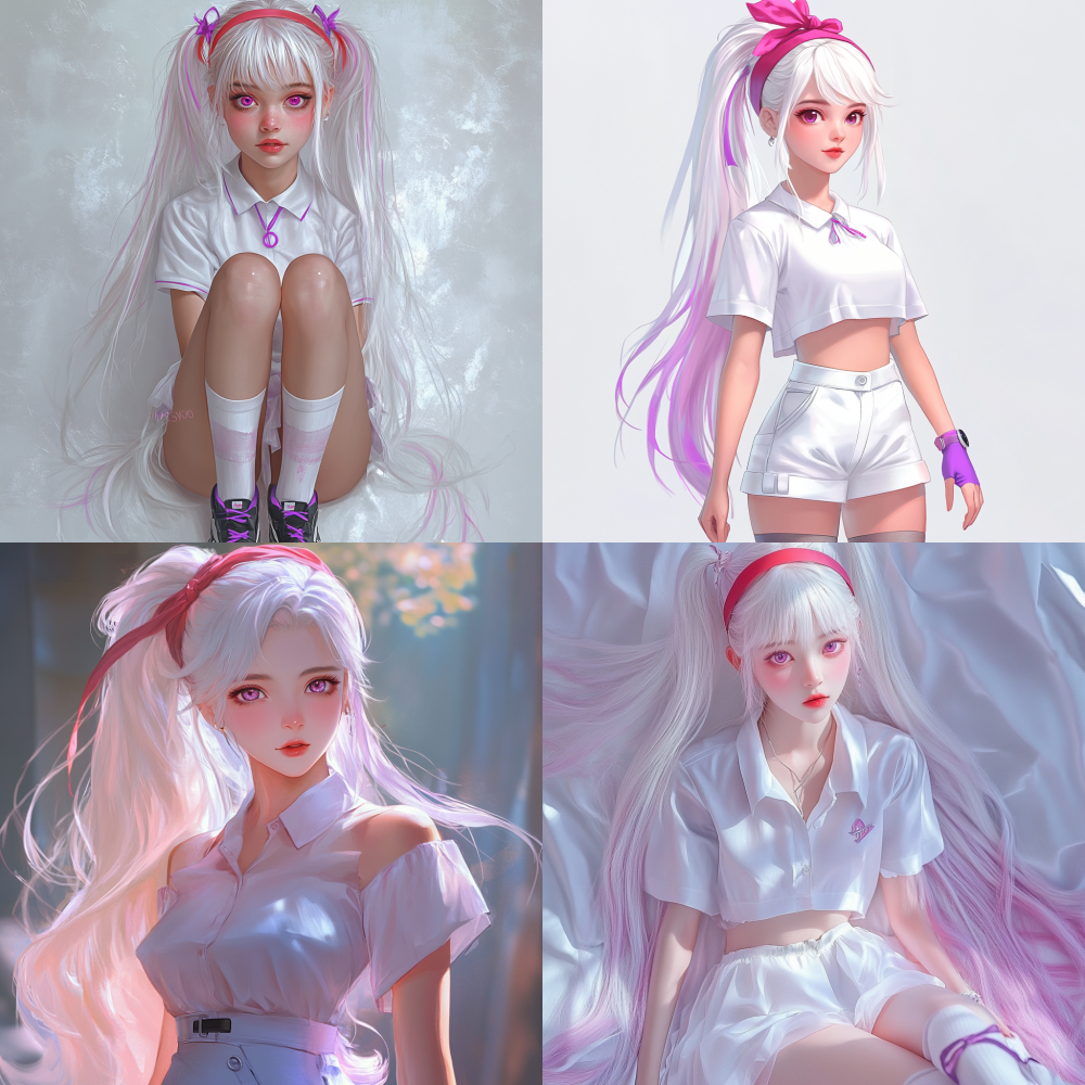 She has flowing white long hair, with a pink gradient and purple highlights, tied into a high ponytail with a bright red headband. Her hair is soft and silky, with a natural color. Her eyes are big and expressive, with bright magenta irises and lifelike eyelashes. She has fair skin and a soft blush on her cheeks. She was wearing a white short sleeved shirt with a row of small buttons in front, and a white flared skirt. The fabric of her clothes is smooth and slightly glossy. She was wearing long white socks with purple stripes on the top, and a pair of modern designed black and white sneakers with small wings on the outside. The soft and diffuse lighting highlights the realistic details of her skin, hair, and clothing, creating a warm and charming atmosphere.