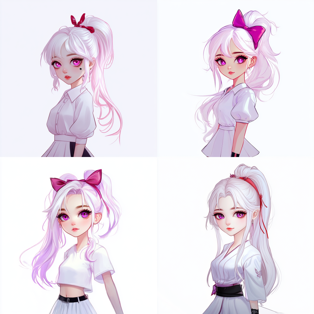 She has flowing white long hair, with a pink gradient and purple highlights, tied into a high ponytail with a bright red headband. Her hair is soft and silky, with a natural color. Her eyes are big and expressive, with bright magenta irises and lifelike eyelashes. She has fair skin and a soft blush on her cheeks. She was wearing a white short sleeved shirt with a row of small buttons in front, and a white flared skirt. The fabric of her clothes is smooth and slightly glossy. She was wearing long white socks with purple stripes on the top, and a pair of modern designed black and white sneakers with small wings on the outside. The soft and diffuse lighting highlights the realistic details of her skin, hair, and clothing, creating a warm and charming atmosphere. < https://oc.superx.chat/img/1750086780233.jpg >