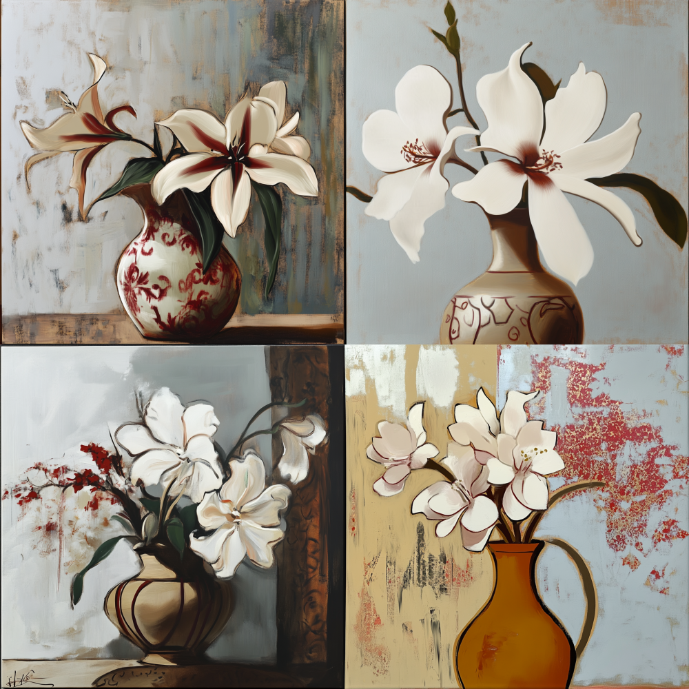 The flowers are not in the vase Flowers, vases, wall paintings < https://oc.superx.chat/img/1750097930576.png >