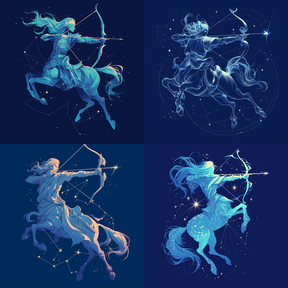 Sagittarius, the zodiac sign of the centaur archer, is depicted with a bow on a dark blue background. The vector illustration features lines on a dark blue background, with outline of the figure in an epic pose, shooting from horseback with his arrow drawn back to the side. The stars around him form constellation shapes, creating a simple yet striking design. --niji