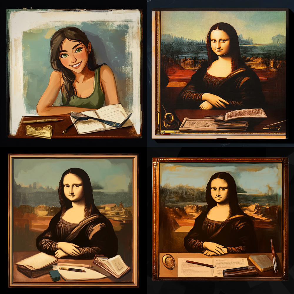 Based on the painting style of the given image, draw a smile of Leonardo da Vinci's Mona Lisa. The structure of the picture should be consistent with the original work, and the face can be appropriately cute. Just a little bit of cuteness is needed. < https://oc.superx.chat/img/1750240439837.jpg > “” --v 6.1