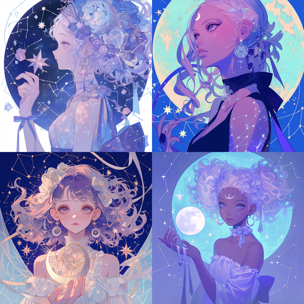 The background is blue, with white stars and constellations. The zodiac sign Scorpio holds the moon in its hand. A bow made of flowers hangs on her back, with some ribbons around it. She wears silver earrings and a necklace. Her skin has a pale purple iridescence. It's a detailed illustration with sharp edges and shadows. There should be an outline or stroke at her waist to emphasize shape details. It's a night scene. --niji