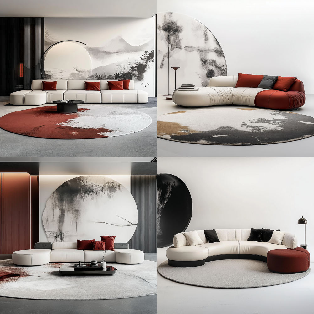 Please create a minimalist leather sofa on a large circular carpet with a white background, featuring themes of ink painting and cloud painting. The appearance design requires simplicity and fluency, with elements of Eastern minimalism. The main colors of the sofa are white leather and black leather, with fabrics that have a sense of ink and wash as decorative colors. It can be combined with some stainless steel hardware or simple Eastern wooden decorations to present a strong minimalist style. Red soft decorations or matching accessories appear in the background. < https://oc.superx.chat/img/1750241810774.png > --v 6.1