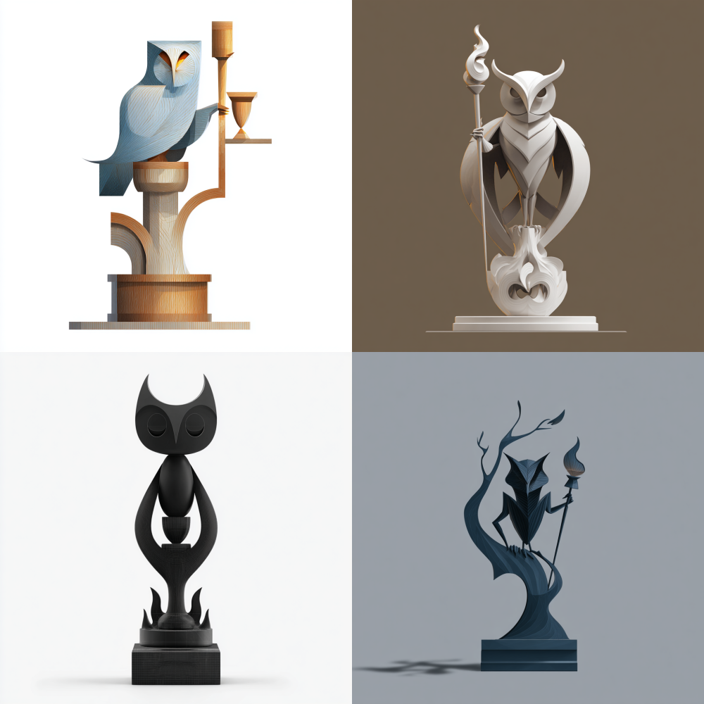 Trophy design, simple, abstract, three-dimensional effect, owl shape, holding torch, guardian posture, tree shaped base, unique artistic sense, simplified overall shape outline 3D