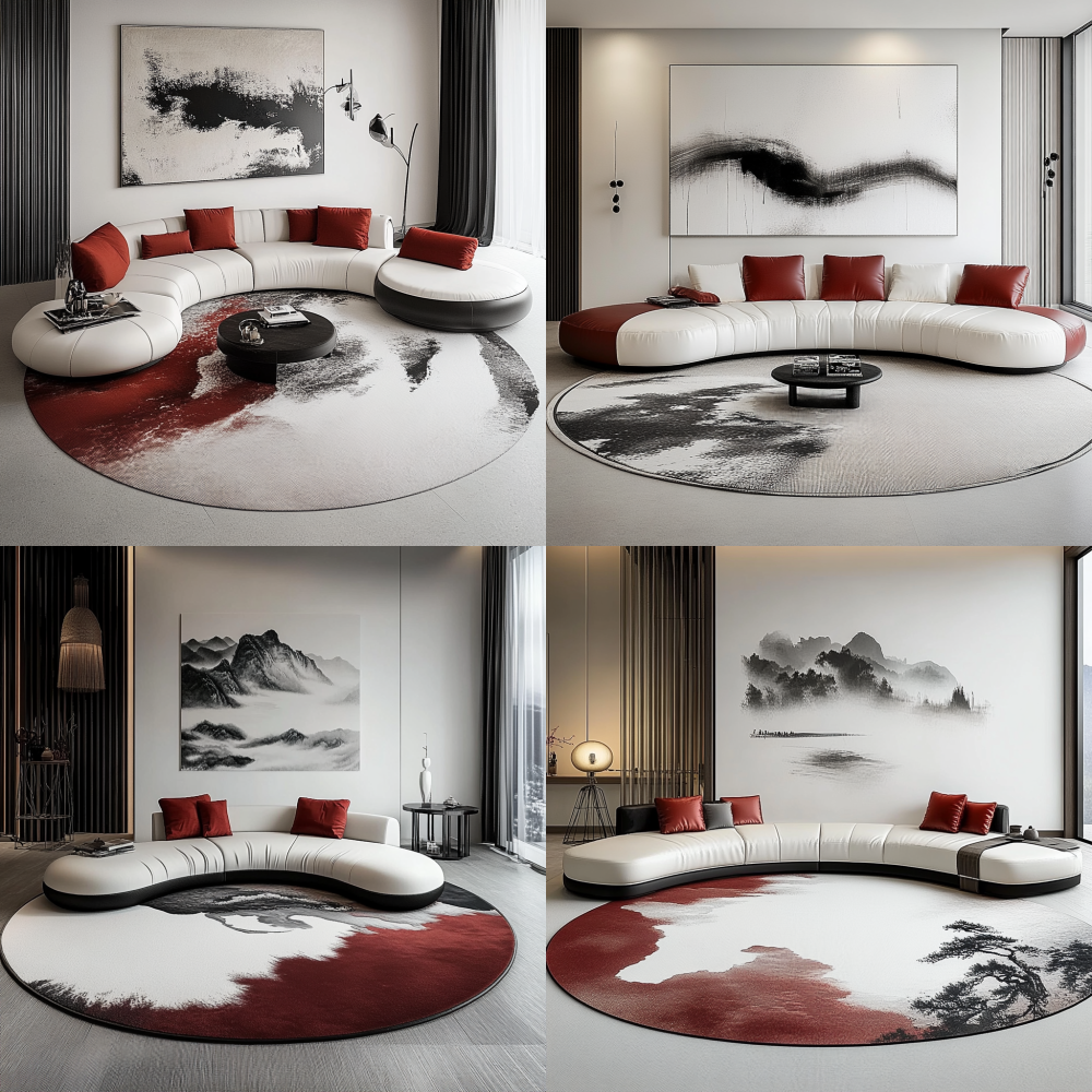 Please create a minimalist leather sofa on a large circular carpet with a white background. The sofa design should reflect the elements of ink painting and cloud painting, with a simple and smooth appearance and a streamlined combination design. Characterized by Eastern minimalism. The main colors of the sofa are white and black leather, and the single chair fabric is a jacquard fabric with ink wash. It can be paired with some stainless steel hardware or simple Oriental wooden decorations to present a strong minimalist style. Red soft decorations or matching accessories appear as background. < https://oc.superx.chat/img/1750243299222.png > --v 6.1