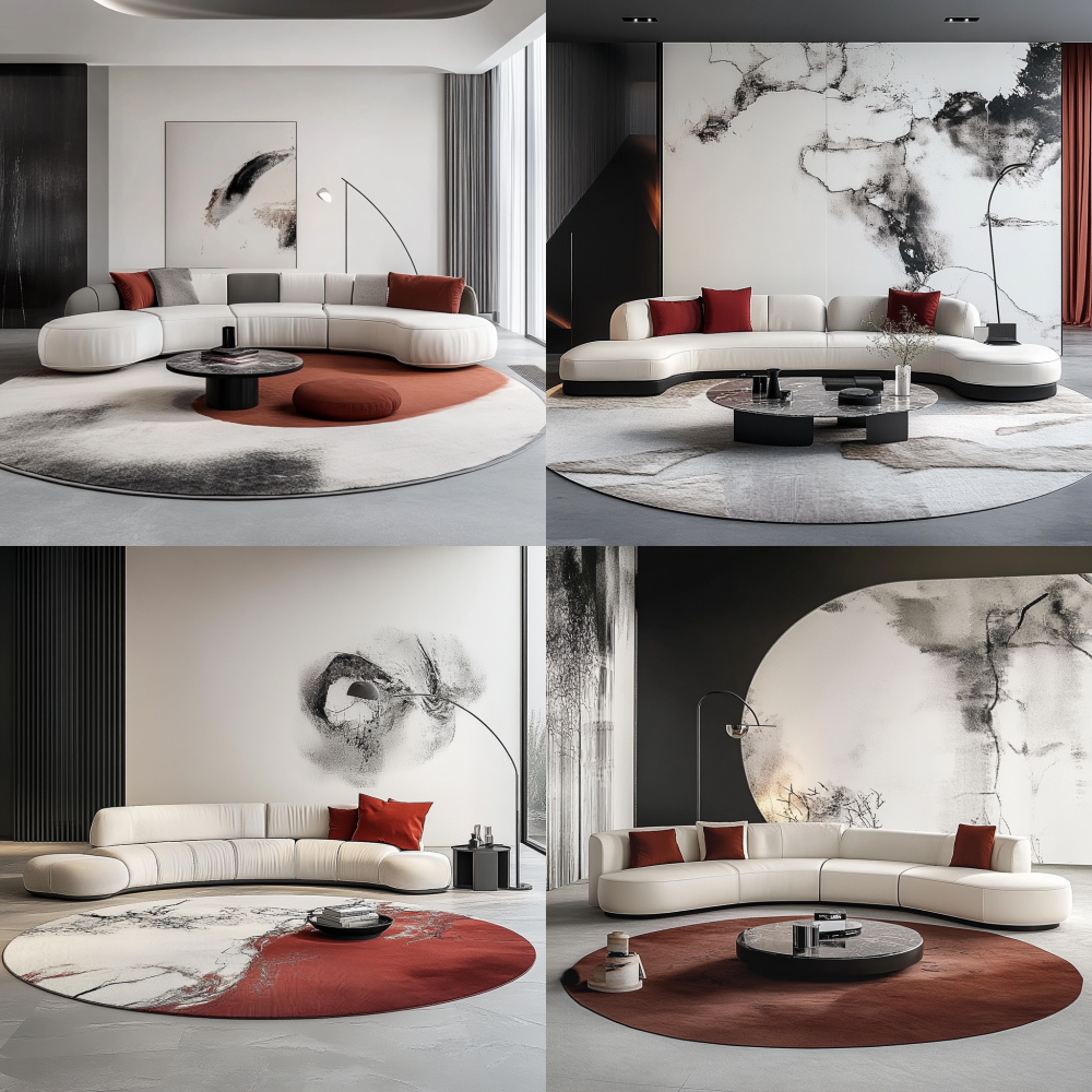 Please create a minimalist leather sofa on a large circular carpet with a white background. The sofa design should reflect the elements of ink painting and cloud painting, with a simple and smooth appearance and a streamlined combination design. Characterized by Eastern minimalism. The main colors of the sofa are white and black leather, and the single chair fabric is a jacquard fabric with ink wash. It can be paired with some stainless steel hardware or simple Oriental wooden decorations to present a strong minimalist style. Red soft decorations or matching accessories appear as background. < <https://s.mj.run/f4a_oik0dC0> > --v 6.1