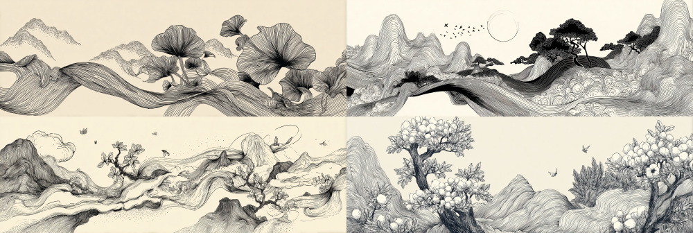 Elegant black line illustration in 0.4mm, featuring a harmonious composition of ginseng and jujube, intertwined with flowing mountains and rivers, embodying the essence of wellness and vitality. --ar 3:1