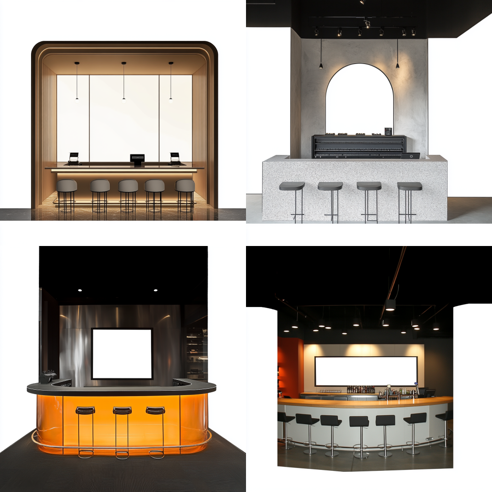 This picture shows a bar area with one pillar on each side and a hollow and transparent center. Based on this structure, design a modern clothing store bar and cash register area using the style and color shown in the picture < https://oc.superx.chat/img/1750240857682.png > U --v 6.1