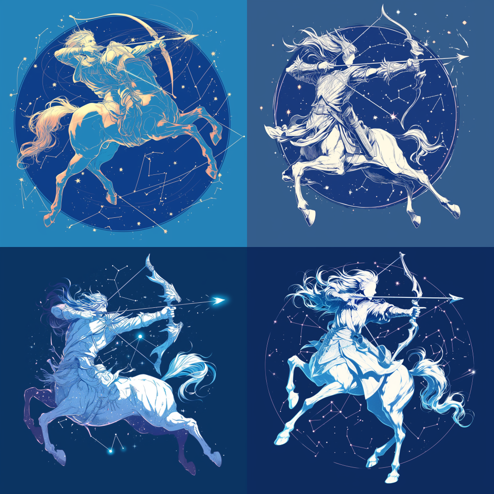 Sagittarius, the zodiac sign of the centaur archer, is depicted with a bow on a dark blue background. This line art design is suitable for t-shirts and prints. The vector illustration features white lines on a dark blue background, with a white outline of the figure in an epic pose, shooting from horseback with his arrow drawn back to the side. The stars around him form constellation shapes, creating a simple yet striking design. --niji