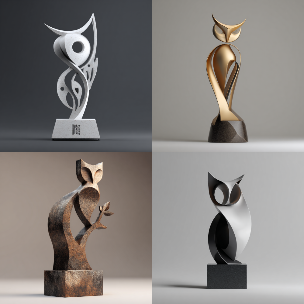 Design a trophy in a minimalist and abstract style, presenting a three-dimensional effect. The overall shape of the trophy is an owl, holding a torch in the posture of a guardian. The trophy base is designed in the shape of a big tree, showcasing a unique artistic sense. The overall shape and contour are simplified and minimalist 3D
