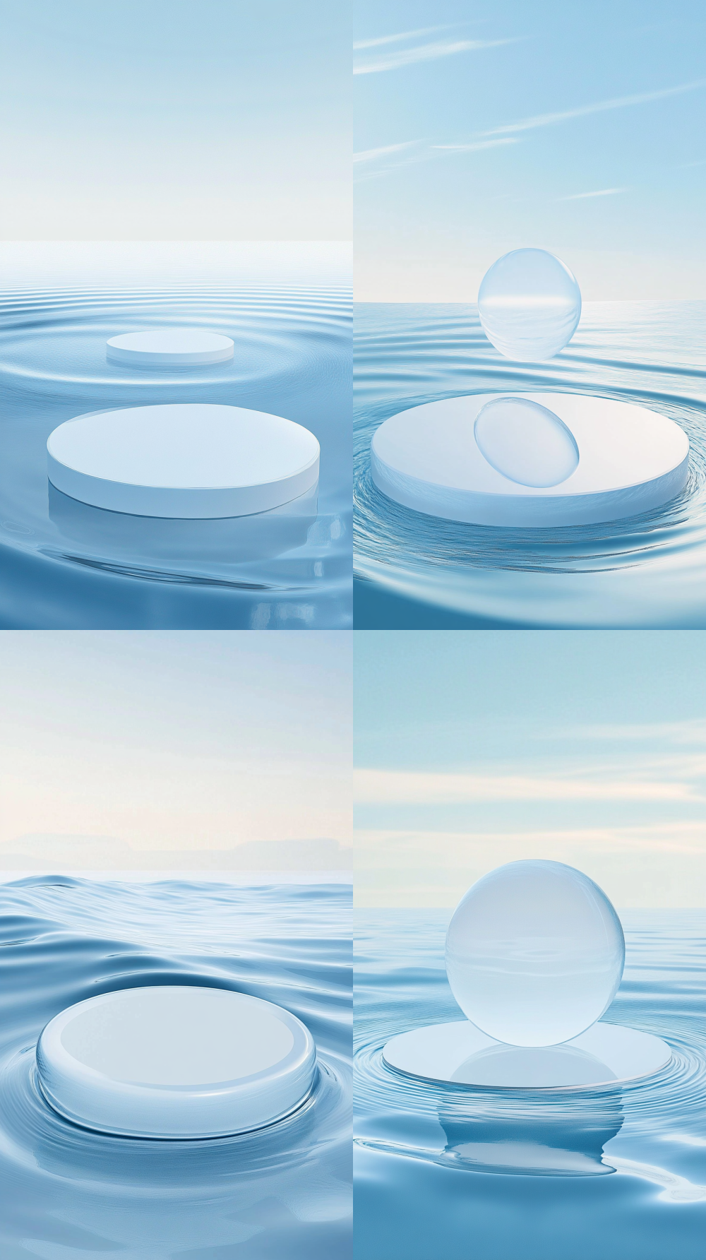 Minimalist background, water waves and circular shapes on the light blue water surface. The center features a transparent circular podium with soft lighting. There are no other elements ahead. This scene creates a peaceful atmosphere, with clear skies and gentle waves. It evokes a sense of tranquility and elegance. < https://oc.superx.chat/img/1750242867407.jpeg > --ar 9:16 --iw 2 --v 6.1