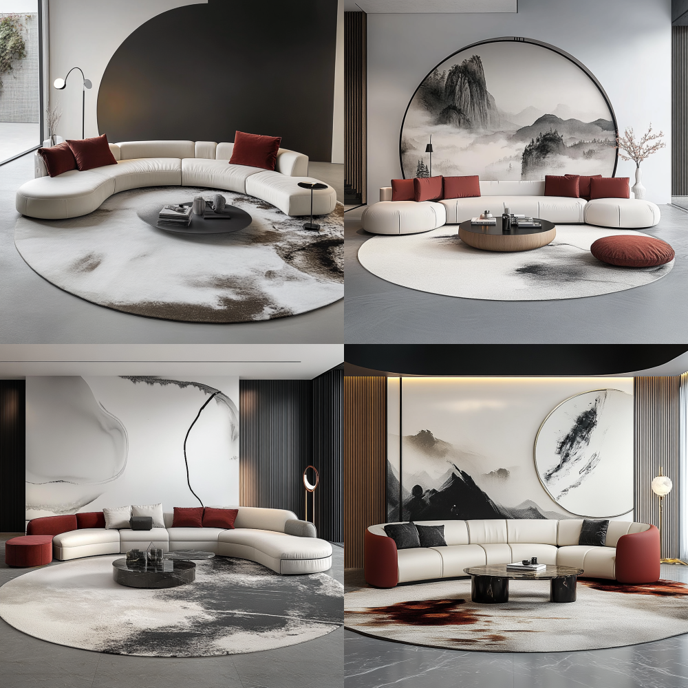 Please create a minimalist leather sofa on a large circular carpet with a white background. The sofa design should reflect the elements of ink painting and cloud painting, with a simple and smooth appearance and a streamlined combination design. Characterized by Eastern minimalism. The main colors of the sofa are white and black leather, and the single chair fabric is a jacquard fabric with ink wash. It can be paired with some stainless steel hardware or simple Oriental wooden decorations to present a strong minimalist style. Red soft decorations or matching accessories appear as background. < <https://s.mj.run/f4a_oik0dC0> > --v 6.1